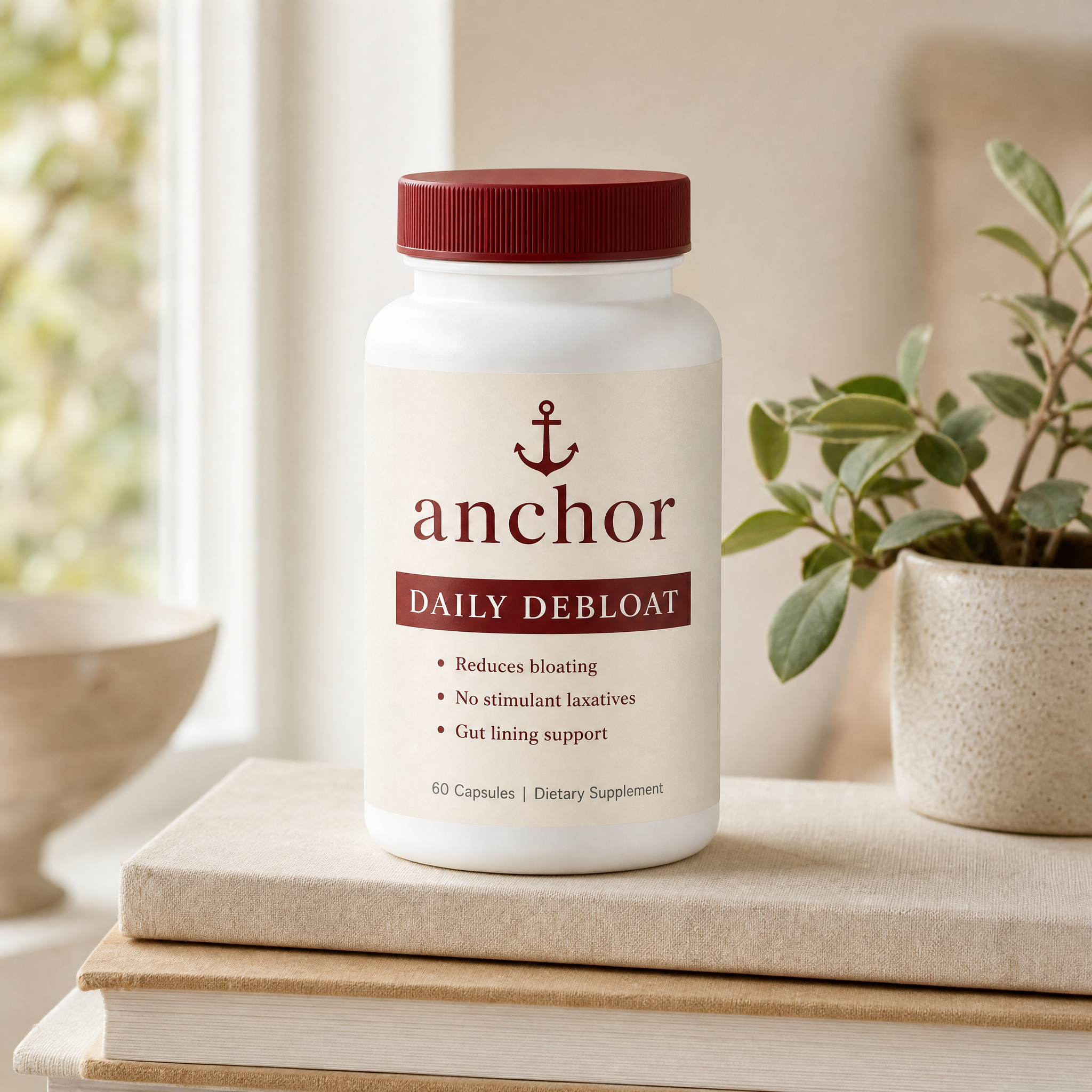 Anchor bottle on books with plant, square