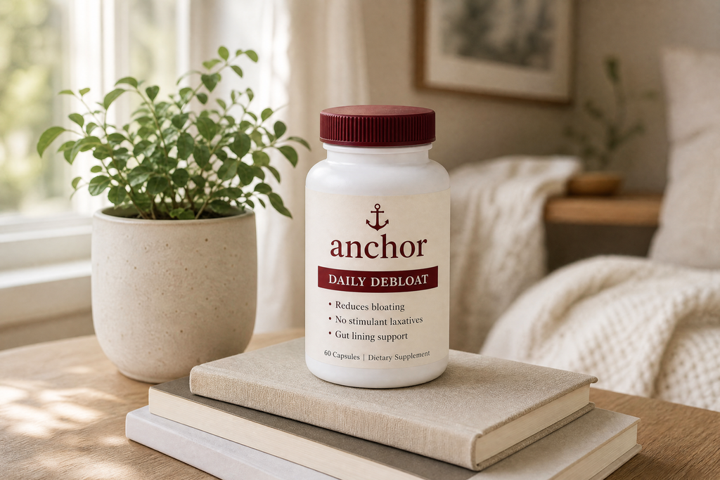Anchor bottle on books with plant, morning routine styling