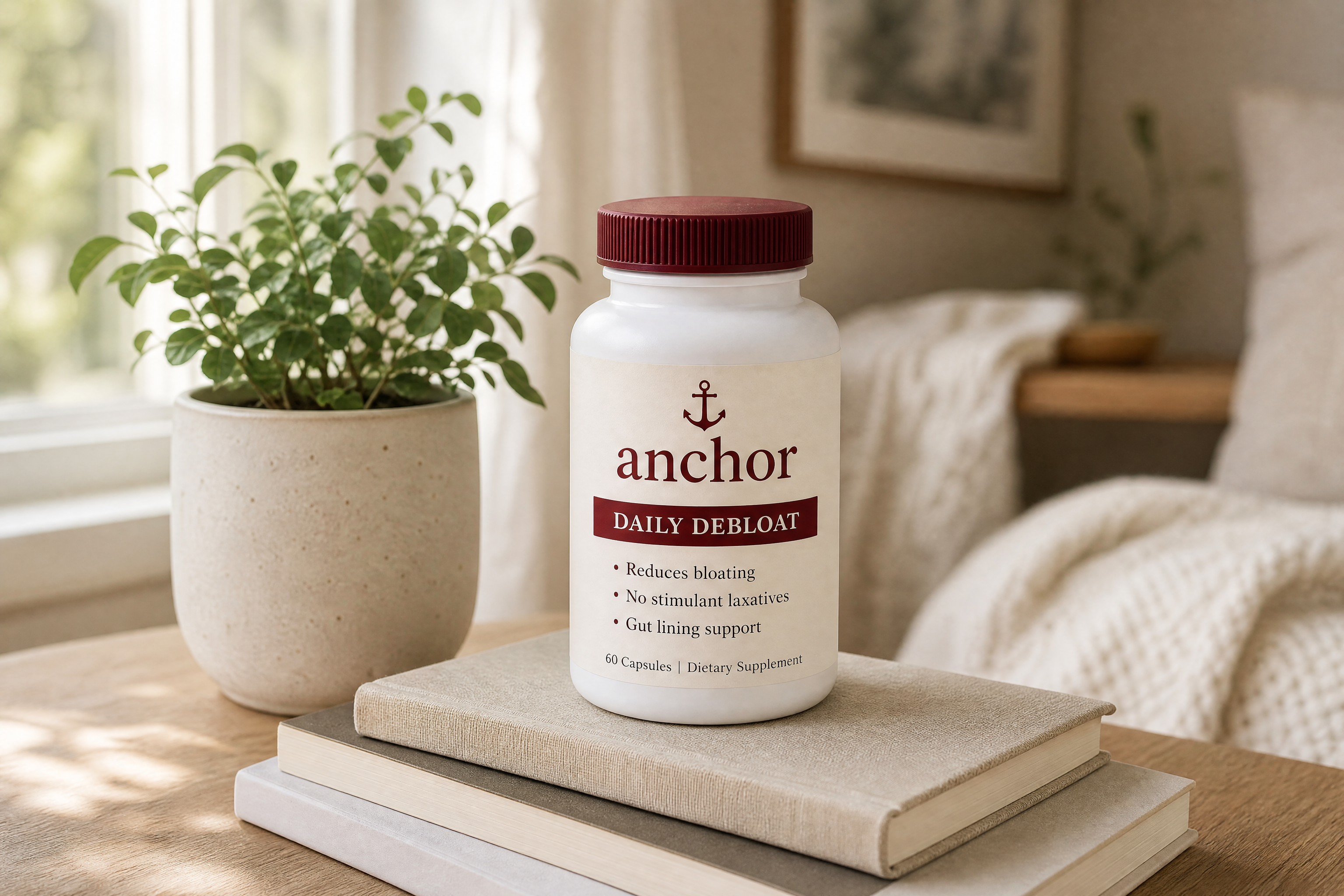 Anchor bottle on books with plant, morning routine styling