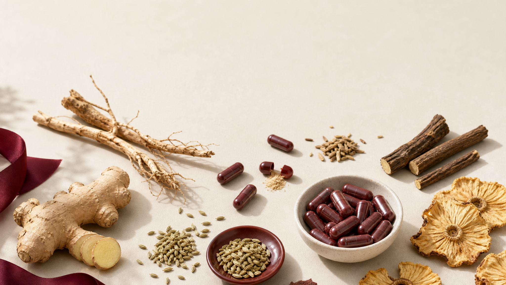 Anchor ingredient flat-lay with oxblood red capsules