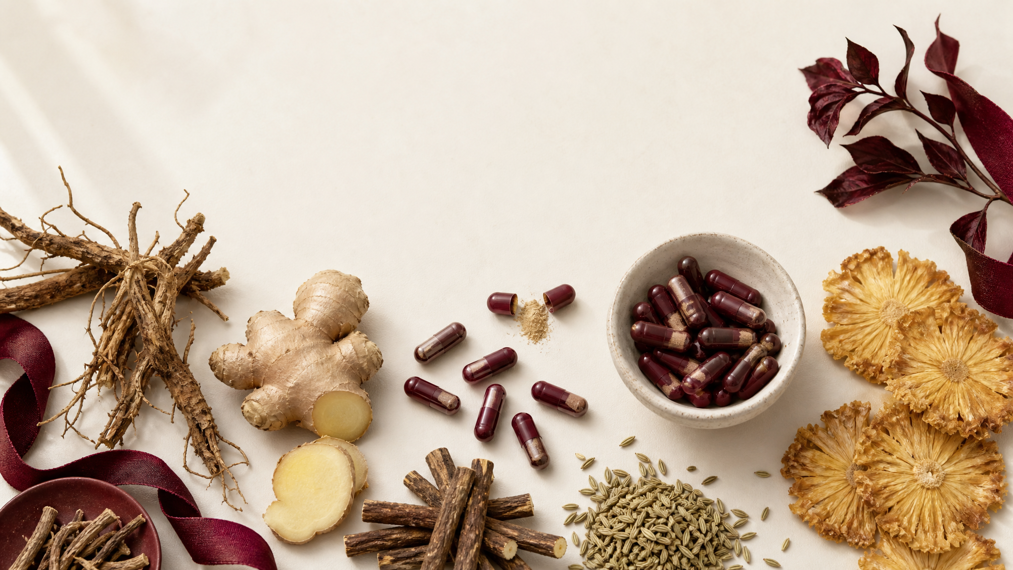 Anchor ingredient flatlay with red capsules