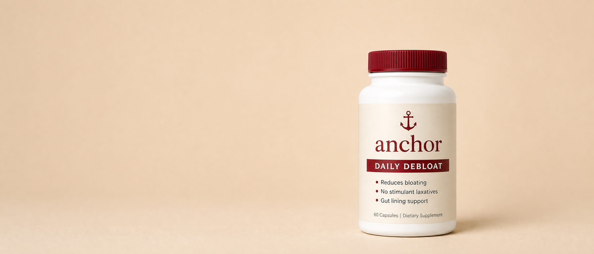 Anchor daily debloat bottle, beige background, homepage hero